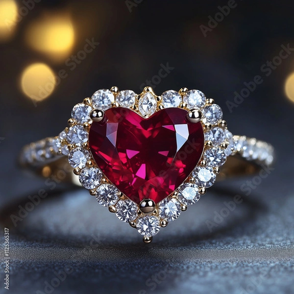 Obraz ruby heart shaped gold diamond engagement ring 