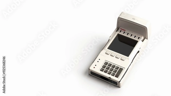 Obraz A handheld device with a screen and keypad, likely used for data processing or communication.