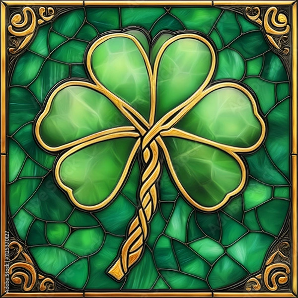 Fototapeta Colorful stained glass design featuring a green four-leaf clover surrounded by intricate patterns