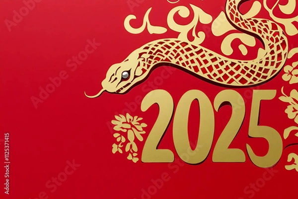 Fototapeta Año nuevo chino, año de la serpiente en China. Serpiente dorada junto a 2025.
