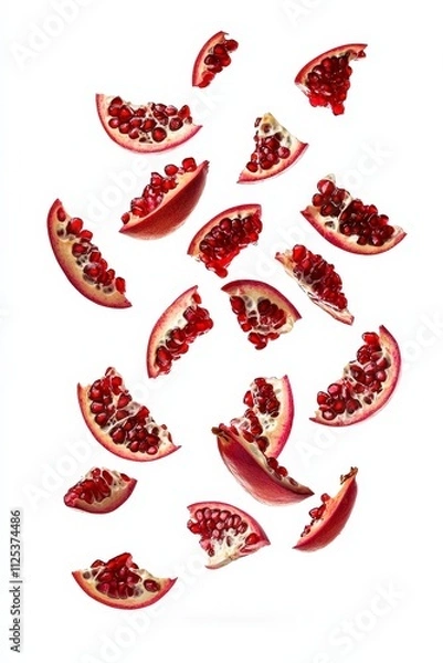 Fototapeta Falling identical pomegranate slices floating in the air isolated on white background