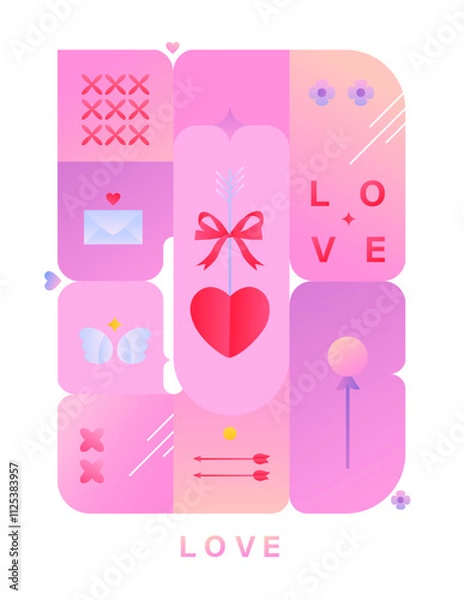Fototapeta Minimalistic Valentine's Day poster with gradient symbols. Bright greeting card for the Valentine's Day.