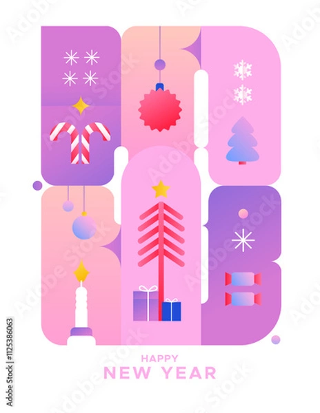 Fototapeta Minimalistic New Year poster with symbols of the new year. Bright greeting background for the New Year and Christmas.	