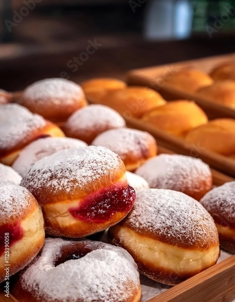 Fototapeta Polish doughnuts filled with rose jam and topped with powdered sugar on a bakery counter.