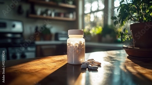 Fototapeta A clear plastic bottle filled with white pills sits on a wooden table, bathed in sunlight. A few pills have spilled out onto the surface, adding a touch of realism to the scene. 