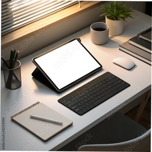 Fototapeta Modern desk setup with tablet, keyboard, notebook, and plant in stylish workspace