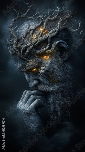 Fototapeta Ethereal Stone Guardian with Fiery Eyes and Tree-like Roots in a Mystical Atmosphere
