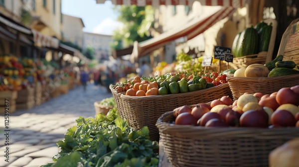 Fototapeta Colorful fruit and vegetable market bustling with activity in a charming town square during a sunny day. Generative AI