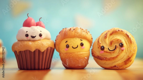 Fototapeta Cute bakery characters, cake, chocolate cookie, bread loaf and croissant. Vector cartoon set of funny sweet pastry food, muffin, donut and pretzel isolated on white background