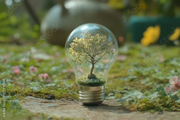 Fototapeta ight bulb with a miniature tree growing inside, symbolizing green ideas and sustainability, placed on a garden 