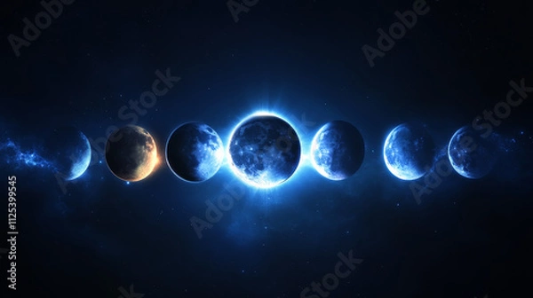 Fototapeta Stages of eclipse of sun by moon. Realistic vector illustration set of different steps of stellar corona from crescent to ring. Blue astronomy galaxy circle with neon glow effect, rays and sparkles.