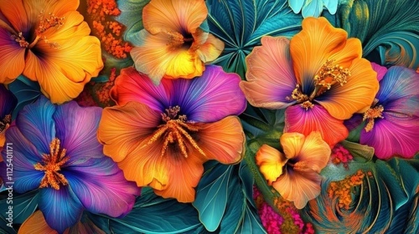 Fototapeta Vibrant floral seamless graphics, exotic flowers, bold colors, intricate details, modern layouts, lively textures.