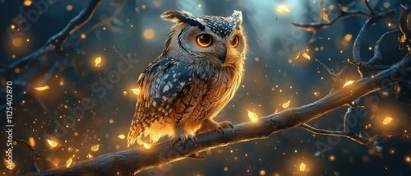 Fototapeta Magical owl perched on a branch surrounded by glowing fireflies, creating a mystical and enchanting night scene.