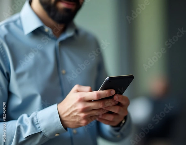 Fototapeta Businessman uses smartphone for quality check, making a checklist and assessment with online questionnaire and digital forms._00001_