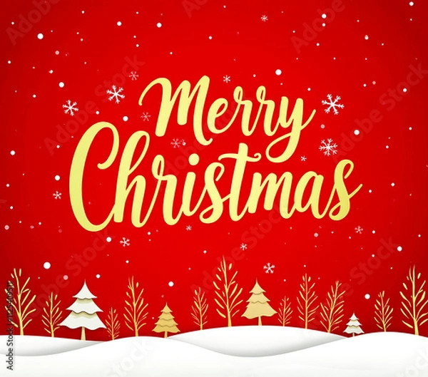 Fototapeta A gold typographical design features a festive winter scene with snowflakes, stars, and a red background on a merry Christmas card illustration._00001_