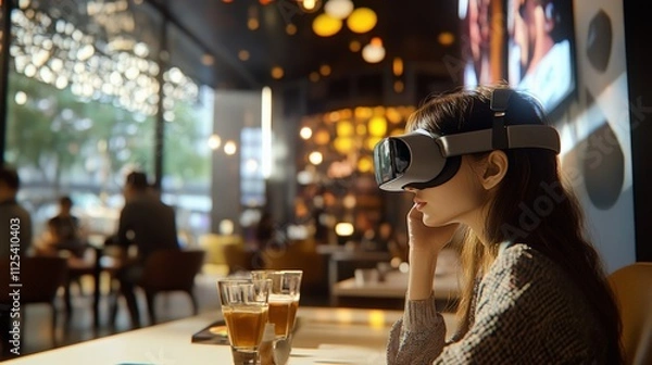 Obraz A woman enjoys virtual reality with VR headset in a modern cafe, immersed in her experience, while drinks sit on the table beside her.