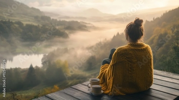Fototapeta A calm morning view of a woman enjoying a serene landscape with foggy hills and a peaceful lake in the distance. Perfect retreat moment.