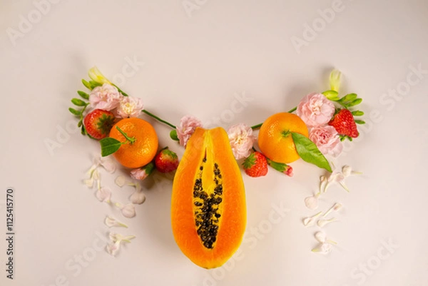 Obraz Female reproductive system made up of flowers and leaves over pastel background