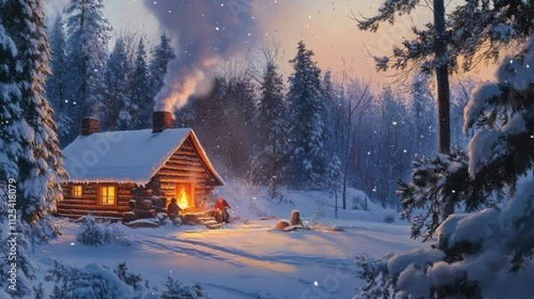 Obraz Cozy log cabin in snowy forest at sunset.
