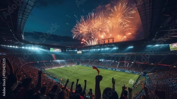 Fototapeta Thrilling Soccer Match Finale with Fireworks and Cheering Fans