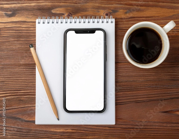 Obraz A smartphone on a wooden surface with a blank screen