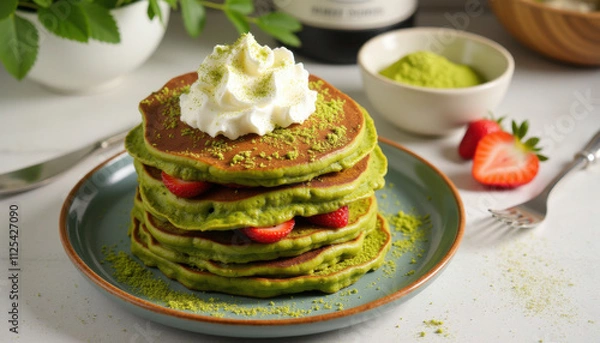 Obraz Matcha pancakes with strawberries and whipped cream