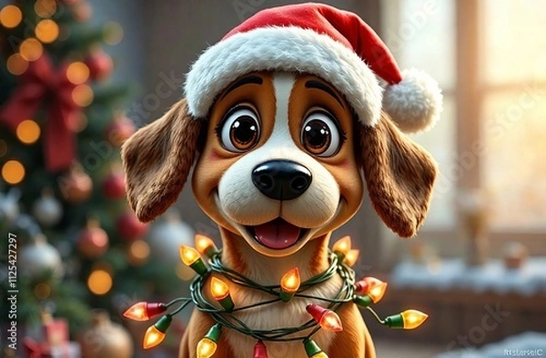 Fototapeta Cute Dog in Santa Claus hat is tangled in garland with light bulbs. Puppy with big eyes Cartoon Character for Christmas Greeting Card, New Year Poster, Advertising Banner. Bokeh background