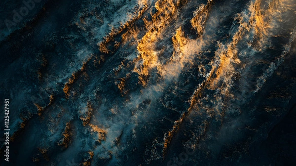 Fototapeta An aerial shot of a sprawling canyon with layered rock formations glowing in the golden hour light.