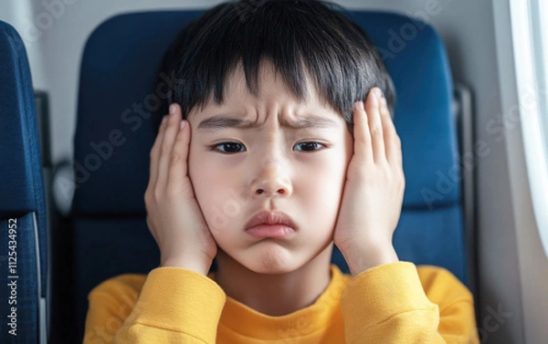 Fototapeta Young Asian child on an airplane holding both hands to his ears with a pained expression, illustrating discomfort from air pressure changes during flight.