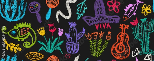 Fototapeta Vector seamless pattern with  Mexican  shapes . Ethnic border Aztec and Mayan. Mexican shapes, sign and symbol. Set of various elements drawn with charcoal pencil,  fish; cactus; sambrero; guitar; 