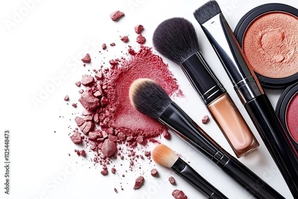 Fototapeta Colorful eyeshadows and brushes on a white background, top view, makeup product
