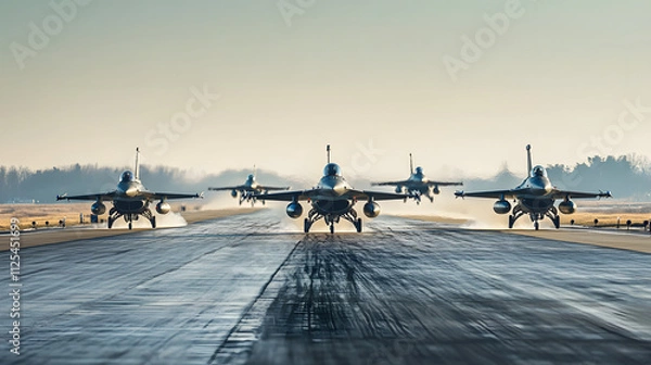 Fototapeta A group of fighter jets launching from an airstrip in synchronized sequence under clear skies.