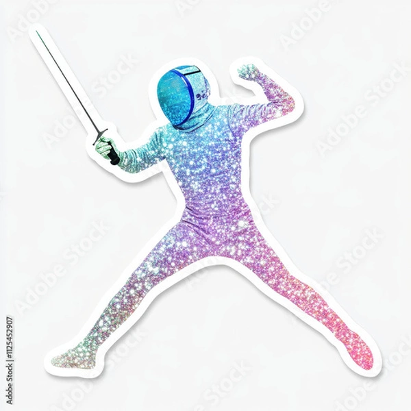 Fototapeta A vibrant, glittery illustration of a fencer in a dynamic pose, showcasing a sparkling fencing suit and helmet with a sword, symbolizing energy and motion against a white background.