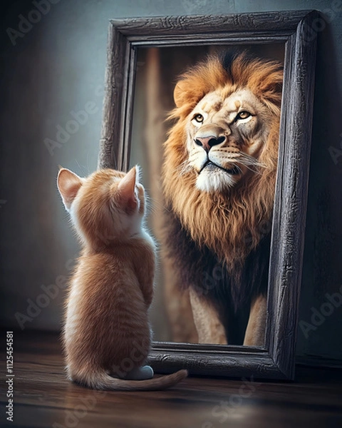 Fototapeta A small orange kitten gazing into a mirror reflecting a majestic lion, symbolizing self-perception, inner strength, and aspiration