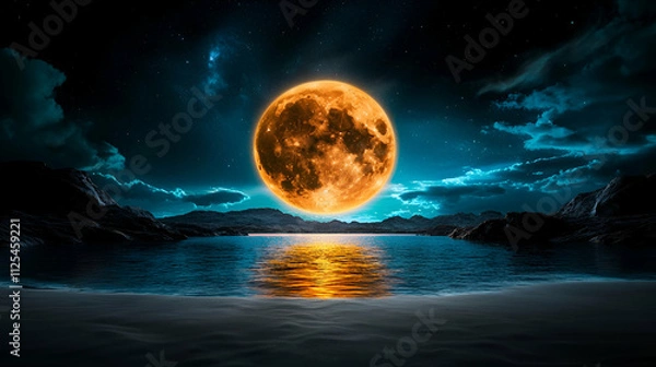 Fototapeta A stunning, large orange moon reflects on a tranquil ocean, surrounded by dark clouds and rocky shorelines under a night sky.