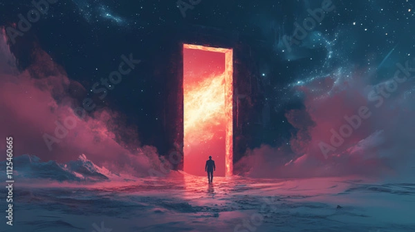 Fototapeta The celestial ascent: a man walks towards a glowing portal in a starry sky. Enigma. Illustration