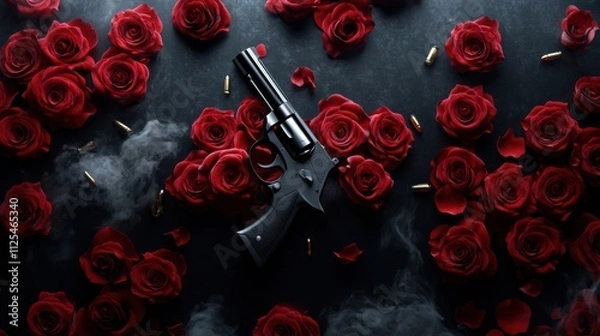 Fototapeta A black revolver lies on a dark surface surrounded by scattered red roses, bullets, and wisps of smoke