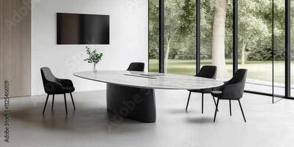 Fototapeta A large table with four black chairs around it. The chairs are arranged in a semi-circle around the table. The table is made of marble and has a modern design. The room is well-lit and has a clean