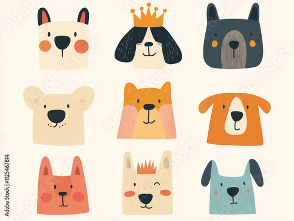 Obraz Playful  Cartoon Dog Faces: Featuring a Charming Design of a Canine in a King's Crown, Ideal for Stickers and Fun Designs!