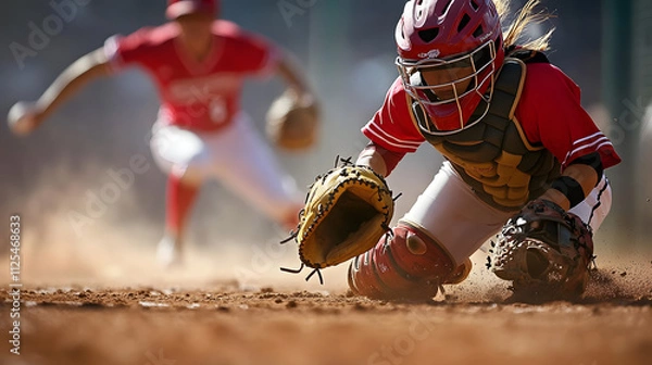 Fototapeta A softball catcher preparing to throw to second base as the batter runs.