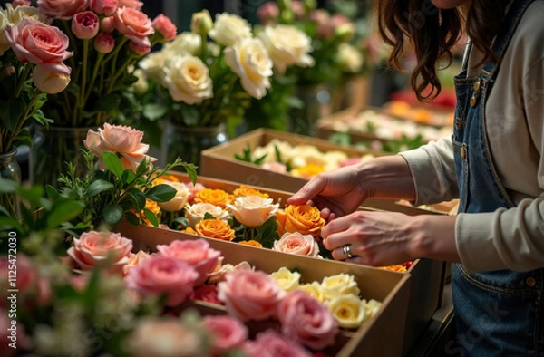 Obraz the hands of a female florist sort through flowers in boxes, in a flower warehouse