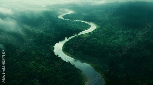 Fototapeta A stunning birds-eye view of a winding river carving through a dense green rainforest.