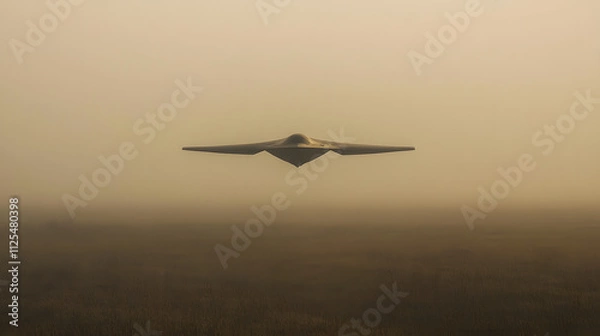 Fototapeta A stealth bomber flying low over a foggy field during a training operation.