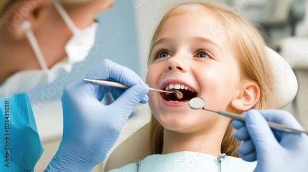 Obraz the dentist performs an examination procedure on a cute little girl. Little girl sitting in the dentist's office