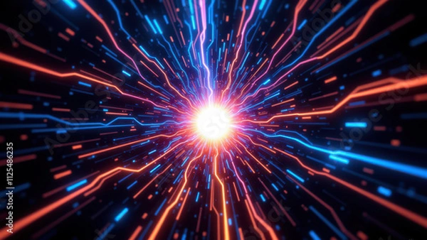 Fototapeta A dynamic visual effect resembling a cosmic event or portal, with bright, glowing streaks of red and blue light against a dark background.