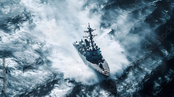 Fototapeta A U.S. Navy destroyer performing evasive maneuvers during a high-seas combat drill.