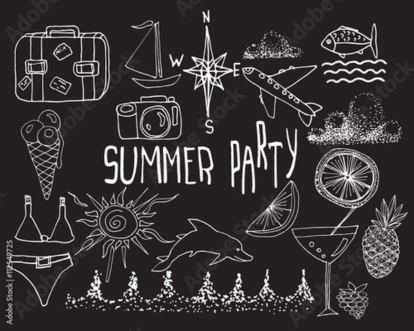 Fototapeta Hand drawn vector summer set. Sketches. Hand written text "Summer Party".