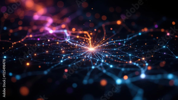 Fototapeta Dynamic neural network visual with colorful nodes and connections, symbolizing artificial intelligence and data flow.