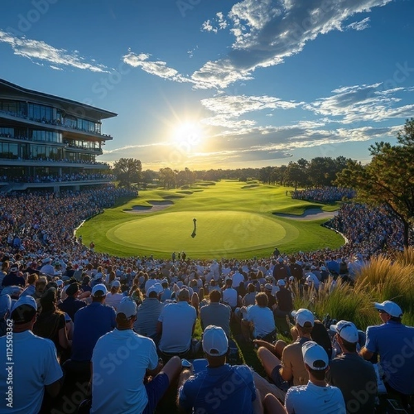 Obraz A vibrant golf tournament scene with a sunset backdrop and a large crowd of spectators.