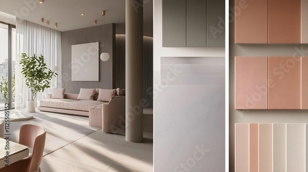 Fototapeta A mood board displays a modern interior design concept featuring a soft color palette, clean lines, and natural light. Elements include a cozy seating area, plants, and elegant wall textures.